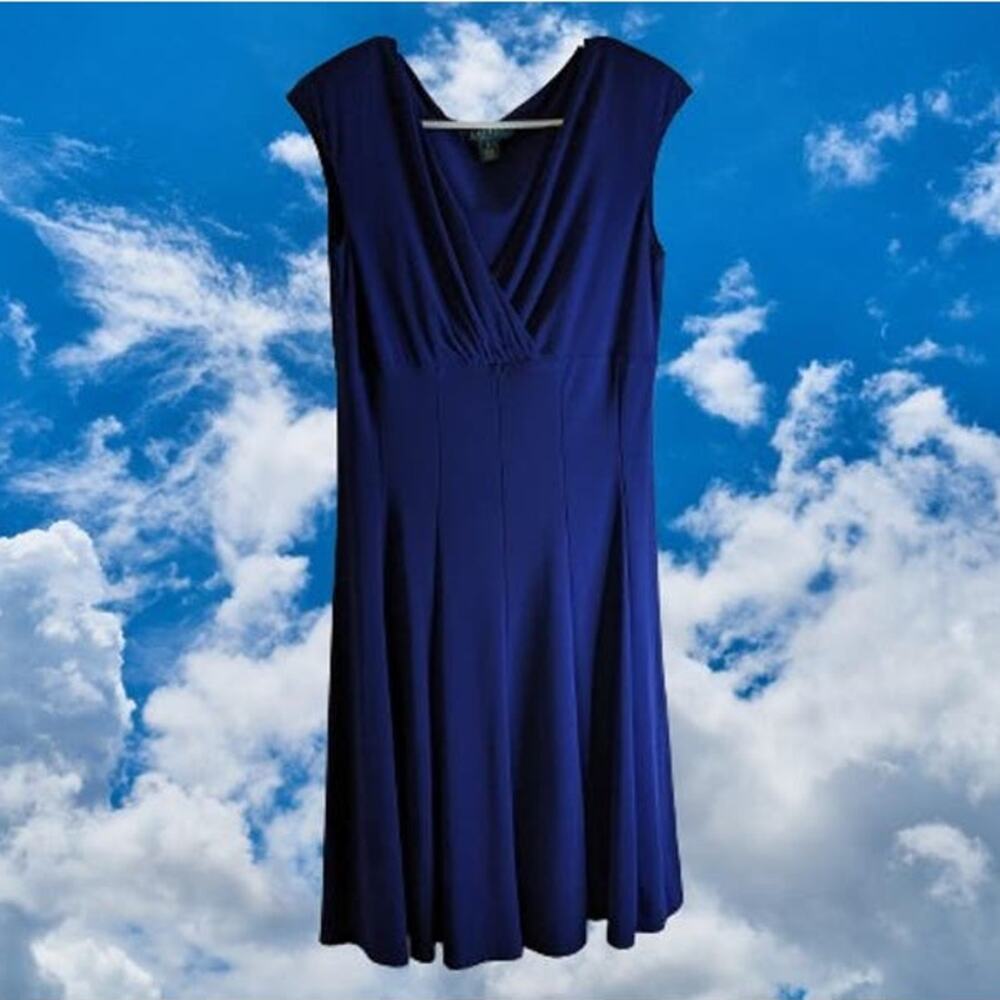 Lauren Ralph Lauren 8 blue sleeveless fit & flare polyester blend stretch dress.